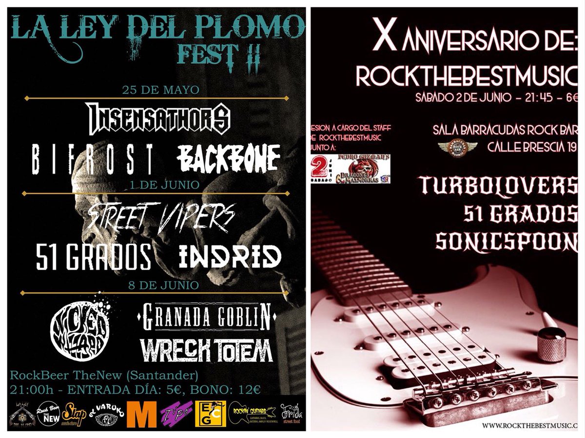 Buenos días amig@s! 
Otro finde que repartimos rock por partida doble!🤘🏻🔥🤘🏻
- Viernes 1 de Junio en #Santander, La Ley del Plomo Fest! Sala Rockbeer Thenew😎
- Sabado 2 de Junio en #Madrid, X Aniversario de Rock, The Best Music! En <a href="/salabarracudas/">Barracudas Rock Bar</a> 🙃
Carlos-Rodrigo-Ivan