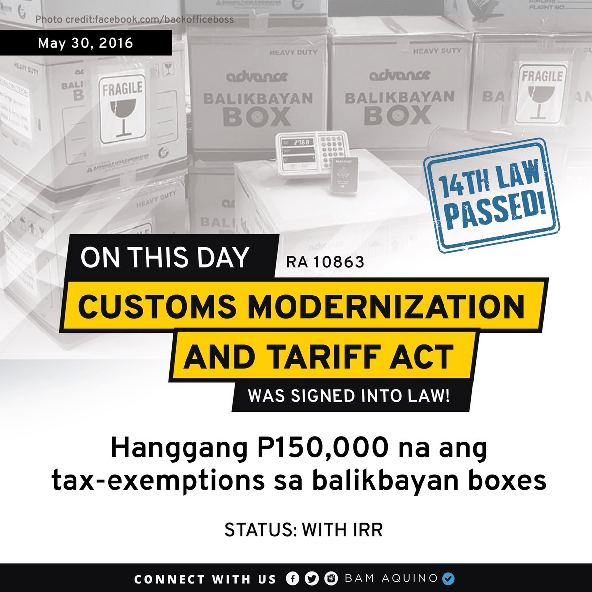 bamaquino's tweet photo. ON THIS DAY: Alam niyo bang 2 years na mula nang maisabatas ang 14TH LAW ni Sen. Bam Aquino? Ang  Republic Act No. 10863 na nagbibigay ng mas matalim na ngipin sa Bureau of Customs at ginhawa sa mga overseas Filipino workers. #Throwback #LawsByBam #BamWorks [TeamBam] https://t.co/okF7wA7Fws