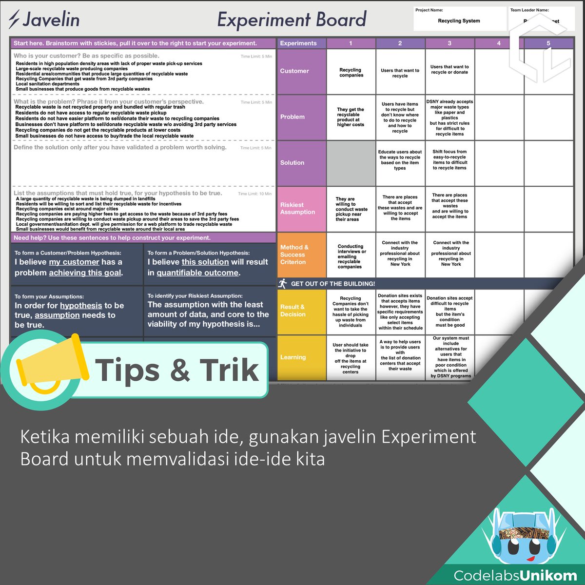 Hello World.

Kalau ide kalian cuma berlaku untuk kalian sendiri berarti ide kalian ga valid guys. Nah untuk membantu kalian melakukan validasi ide, ada suatu framework namanya Javelin Board. Gimana sih cara impelmentasi Javelin Board ini? Yuk simak di medium.com/codelabs-uniko…