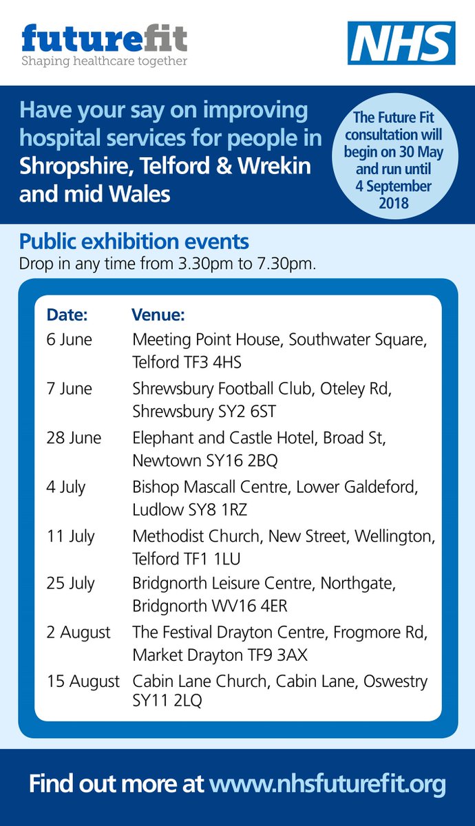 HWShropshire's tweet photo. #FutureFit  consultation starts today. Now the public can have their say on one of the biggest transformation plans we have seen in Shropshire. You can acess all the information you need here: https://t.co/nu9EIPLNBb https://t.co/qU0vKa2XbD