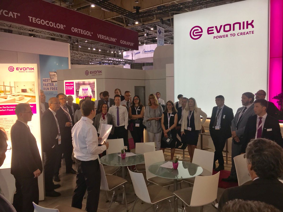EvonikPU's tweet photo. Morning briefing and coffee with the team -  everyone set and ready for a busy and productive day2 of meetings on #booth518 #UTECHEUROPE https://t.co/C7r1muAO0O