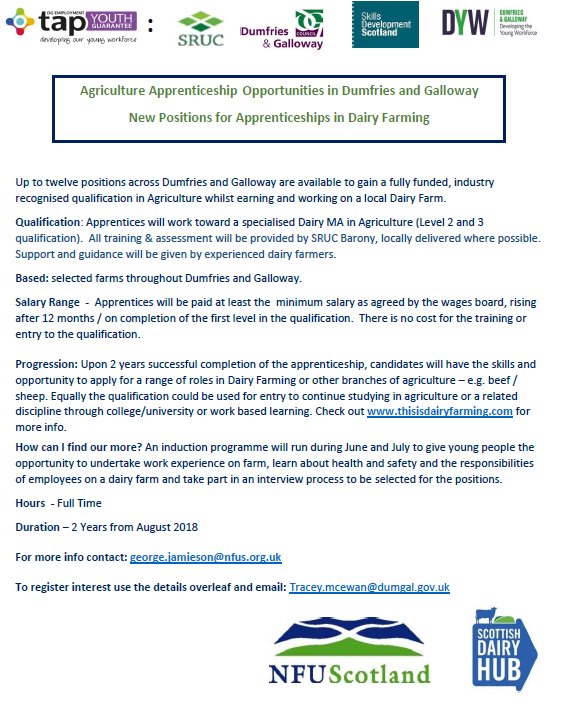 DGEmployability's tweet photo. Agriculture Apprenticeship Opportunities in Dumfries and Galloway - new positions available for Apprenticeships in Dairy Farming. https://t.co/toz1EQhDoq