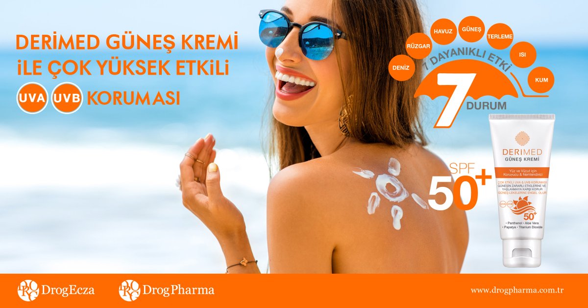 Drogpharma's tweet photo. #Derimed #Güneş Kremi ile Çok Yüksek Etkili #UVA &amp; #UVB Koruması!
Tüm aileniz için, Derimed Güneş Kremi; Cildi güneş yanıklarından, cilt reaksiyonlarından ve UV ışınlarının neden olduğu hücre hasarlarından korur.#UVA  #UVB  #TitaniumDioxide  #Panthenol #AloeVera  #Papatya https://t.co/ryRbq6rI5e