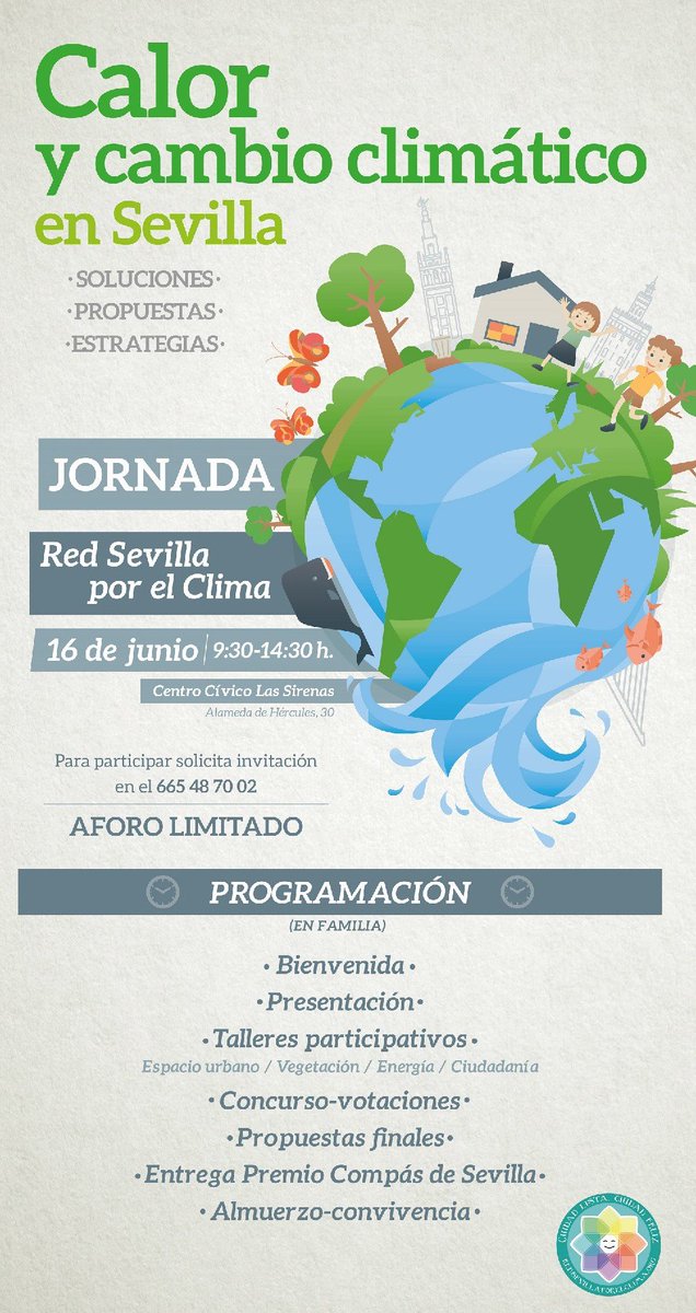 RedClima's tweet photo. ¿Te importa el calor y cambio climático en #Sevillahoy? ☀🌍 ¡Ven y disfruta de una mañana de propuestas! 🌳♻ El sábado 16 de junio a las 9:30 en el Centro Cívico Las Sirenas (Alameda de Hércules, 30). 🗣🏡 SOLICITA TU/S INVITACIÓN/ES EN EL 665 48 70 02 (aforo limitado) 📲 https://t.co/xULh88EADY