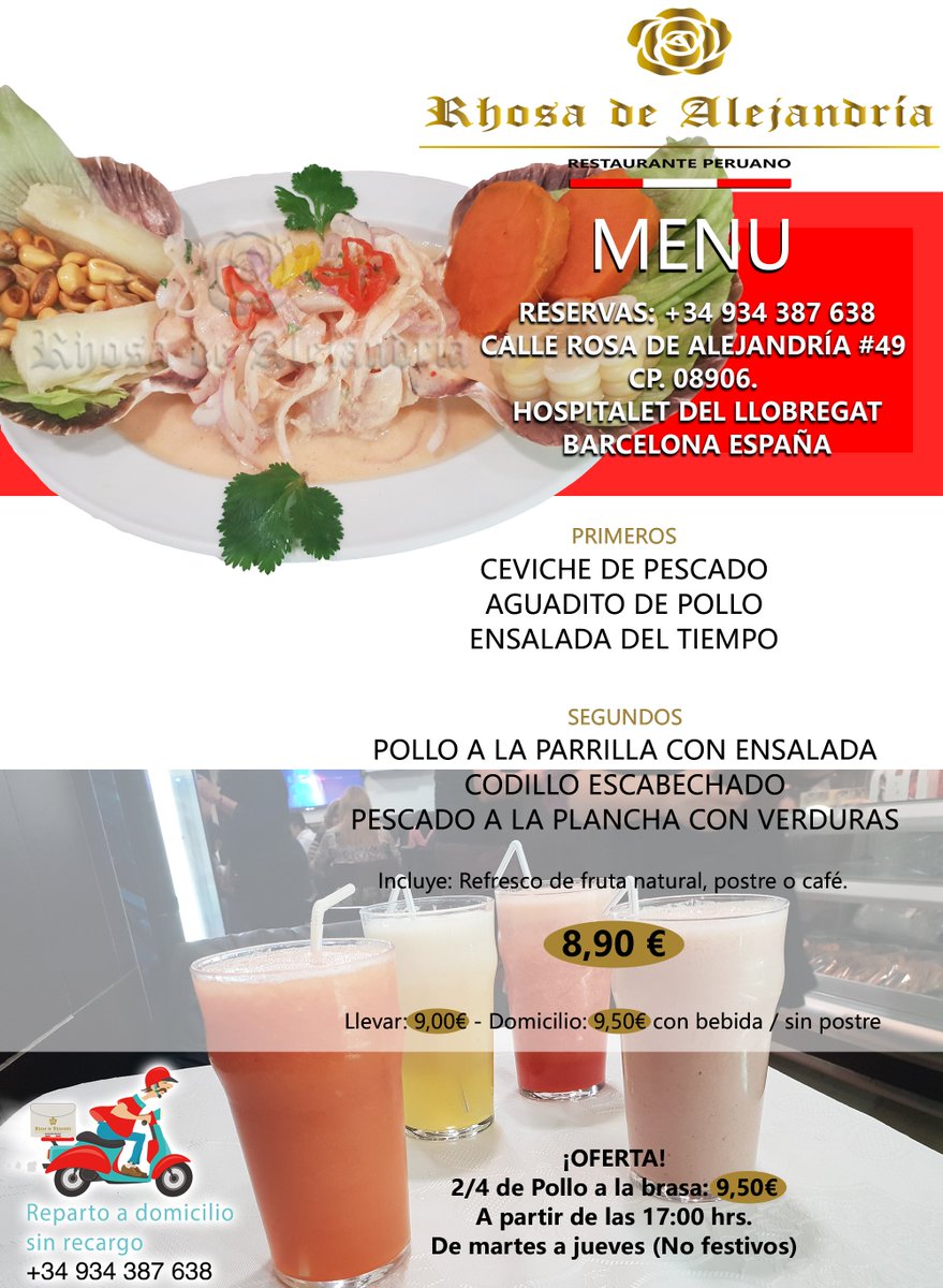 RestauranteRDA's tweet photo. BUENOS DÍAS ...! 
Estimados Clientes, MENÚ DEL DÍA 
Ven a Disfrutar de nuestros platos Típicos del Perú 
#gsatronomiaperuana
☎️: (+34) 93 438 76 38
🏠: C/#Rosa de #Alejandría, 49. #CP 08906. 
🌐 https://t.co/ZoVJIxucvp
@BarcelonaTurism @LHAjuntament 
https://t.co/MBhJafIake https://t.co/jTTz5ZedKE