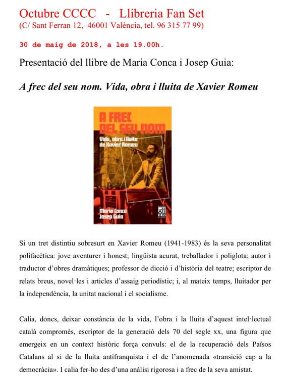 fan_set_'s tweet photo. ✅Aquesta vesprada, presentació:
✅'#AFrecDelSeuNom, vida, obra i lluita de #XavierRomeu'
✅Amb #MariaConca i @JosepGuia.
✅A les 19 h.
✍️📚✍️📚✍️📚✍️📚✍️ https://t.co/KKHbVKjSUo