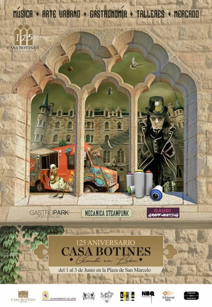 CasaBotines's tweet photo. Este fin de semana, del 1 al 3 de junio, celebramos el 125 aniversario de la construcción de la #CasaBotines con un amplio programa de actividades: #foodtracks, conciertos y un concurso internacional de #graffiti #GaudíGraffMeeting #arteurbano #CasaBotines125 #leonesp https://t.co/SsQmRQTOyl