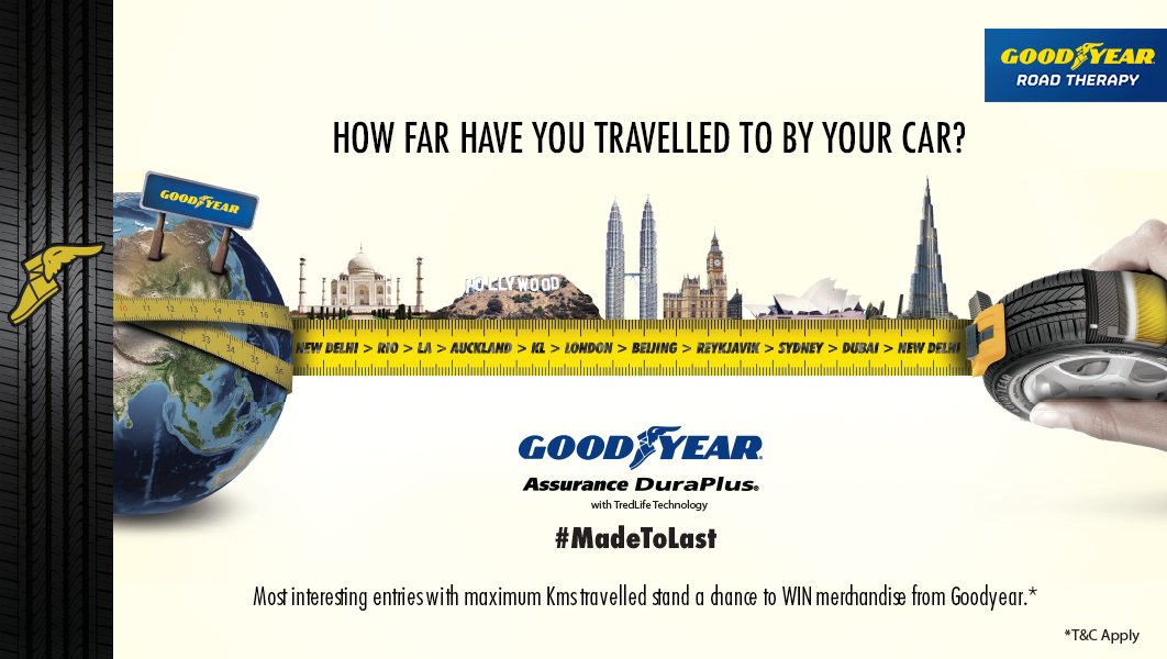 GoodyearIndia's tweet photo. Share a picture of your car’s odometer reading &amp; let us know the places have you been to. Interesting entries with maximum Kms get a chance to WIN Goodyear merchandizes. 1) Like &amp; Tag @GoodyearJOJ, 2) Include #MadeToLast, 3) Share your entry. *T&amp;Cs https://t.co/KReRr7cFdH https://t.co/4Y2ukli16h