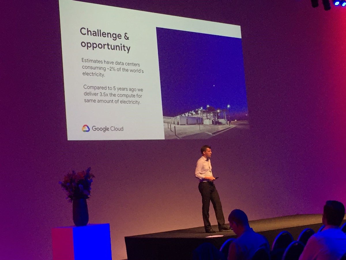 SecuritasVito's tweet photo. "Estimates have data centers consuming ~2% of the world's electricity." - @freekvdgriendt van @gcompany over innovatieve sustainability met @Google op de @VITObelgium-raamcontractdag van @Securitas_BE. #vrcd18 https://t.co/9YtGQijWSy