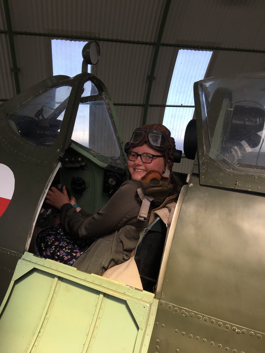 dumgalaviation's tweet image. Olivia Bentley Great GrandDaughter of Grp Cpt Robert Oxspring get to try out his #Spitfire  at #Raf #dumfries