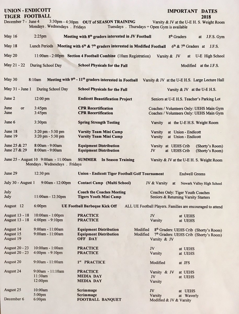 Updated Important Dates for Family &amp; Fans of Union-Endicott Tiger Football