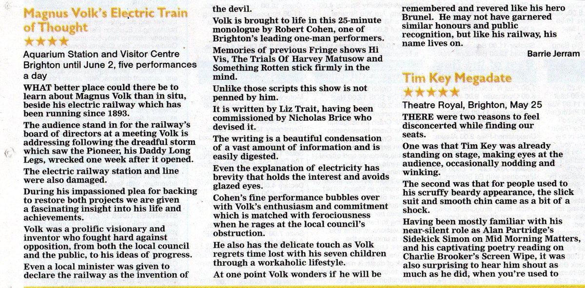 Well done to the Volk’s team!! 4Star review in the Argus. Don’t miss this “beautifully penned, finely performed” Electric Train of Thought!  #1893 <a href="/brightonfringe/">Brighton Fringe</a> @volksrailway