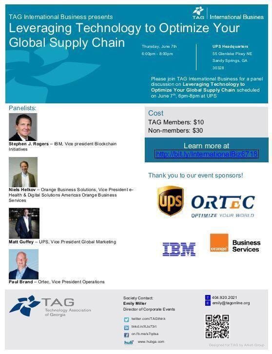 TAGibs's tweet photo. Learn from industry VIPs how to leverage #tech to optimize your #global #supplychain with @TAGibs at @UPS HQ on 6/7 at 6pm! Register @ https:/lnkd.in/eFaDgyu. See you there, Atlanta! https://t.co/ocH1zP2k5N