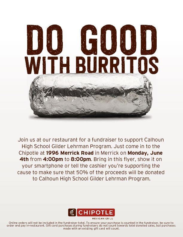CalhounGilder's tweet photo. Big announcement: Next Monday, 6/4, we are hosting a benefit for Vietnam Veterans at Chipotle on Merrick Rd. between 4 and 8 pm. 50% of purchase prices go to the cause! We hope you can join us! https://t.co/KkMw7YGYZm