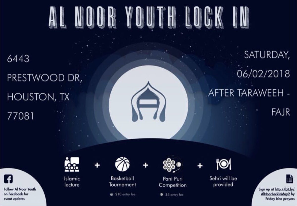 Please join us for our second lock-in in the blessed month of Ramadan. June 2nd at Al-Noor masjid. The lock-in will be held after taraweeh till fajr namaz. Sehri/breakfast is provided.