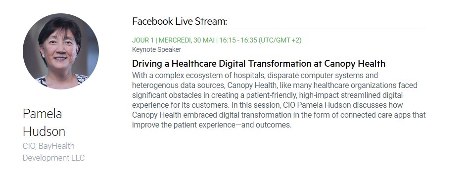 ProgressSW_FR's tweet photo. Les sessions générales seront diffusées en direct sur #ProgressNEXT18: https://t.co/I37yRfKW62.
Jour 1 | Mercredi, 30 mai | 16:15 - 16:35 (UTC/GMT +2) | Pamela Hudson, CIO, @Canopy_Health, “Driving a Healthcare Digital Transformation at Canopy Health” #digitaltransformation https://t.co/abdpCtz3Ww