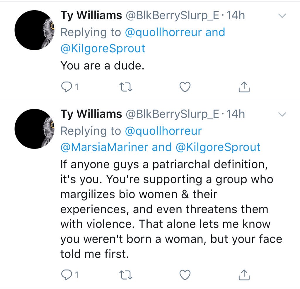 So, I’m going to expand on this thread for all the times I’ve been called a dude despite politely correcting people that I’m cis. Meet Ty. Ty is a bigot. Don’t be like Ty. Oh, apparently my face is “too hard” to be cis. That’s a new one.