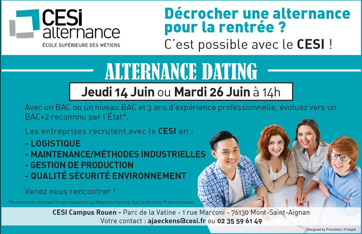 cesi_officiel's tweet photo. De nombreuses ENTREPRISES PARTENAIRES RECRUTENT UN #ALTERNANT avec le @Cesi_Rouen pour la rentrée ! Pourquoi pas vous ?
Rejoignez l' #AlternanceDating le 14 ou 26/06 à 14h.
https://t.co/qStWisO5mf https://t.co/0eoYP8QoiE