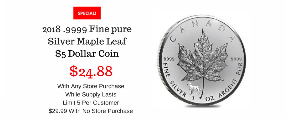 pacificoin's tweet photo. 2018 .999 Fine Pure Silver Maple Leaf $5 Dollar Coin $24.88. With Any Store Purchase. $29.00 with no store purchase. https://t.co/CoJwqFgk8M #FineSilverCoins #SilverMapleLeaf #SilverCoins #CoinSales #Coinstore #CoinDealer #FinePureSilver https://t.co/yIqPDLAqsh