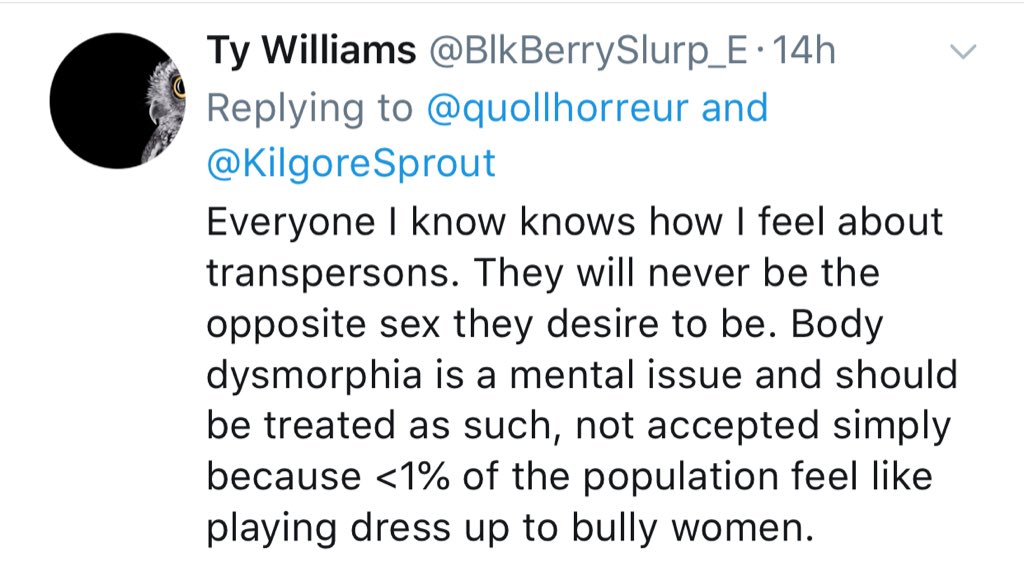 Ty also thinks that body dysmorphia and body dysphoria are the same thing. Seriously, don’t be like Ty. Ty is super ignorant as well. And apparently jealous that I’d make a better footy player than them but they can’t decide which position I’d play.