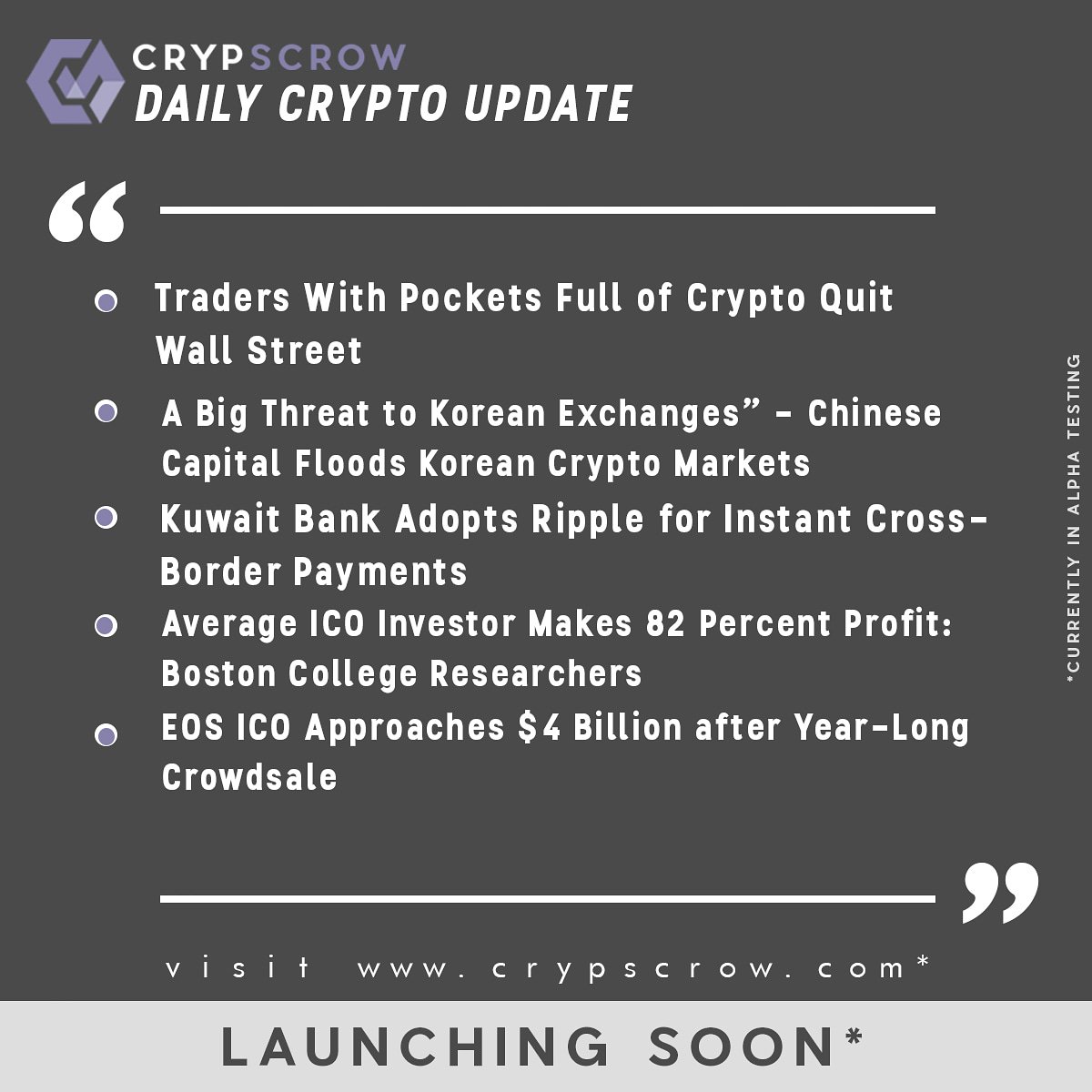 CrypScrow's tweet photo. #dailycryptoupdate #cryptonews #traders #pocketful #cryptos #quit #wallstreet #big #threat #koreanexchanges #chinese #floods #capital #koreancrypto #kuwaitbank #adpots #xrp #ripple #icoinvestor #earns #82% #profits #eosico #crowdsale #crypscrow visit https://t.co/mSbonUbwgp https://t.co/rl7lyShMfq