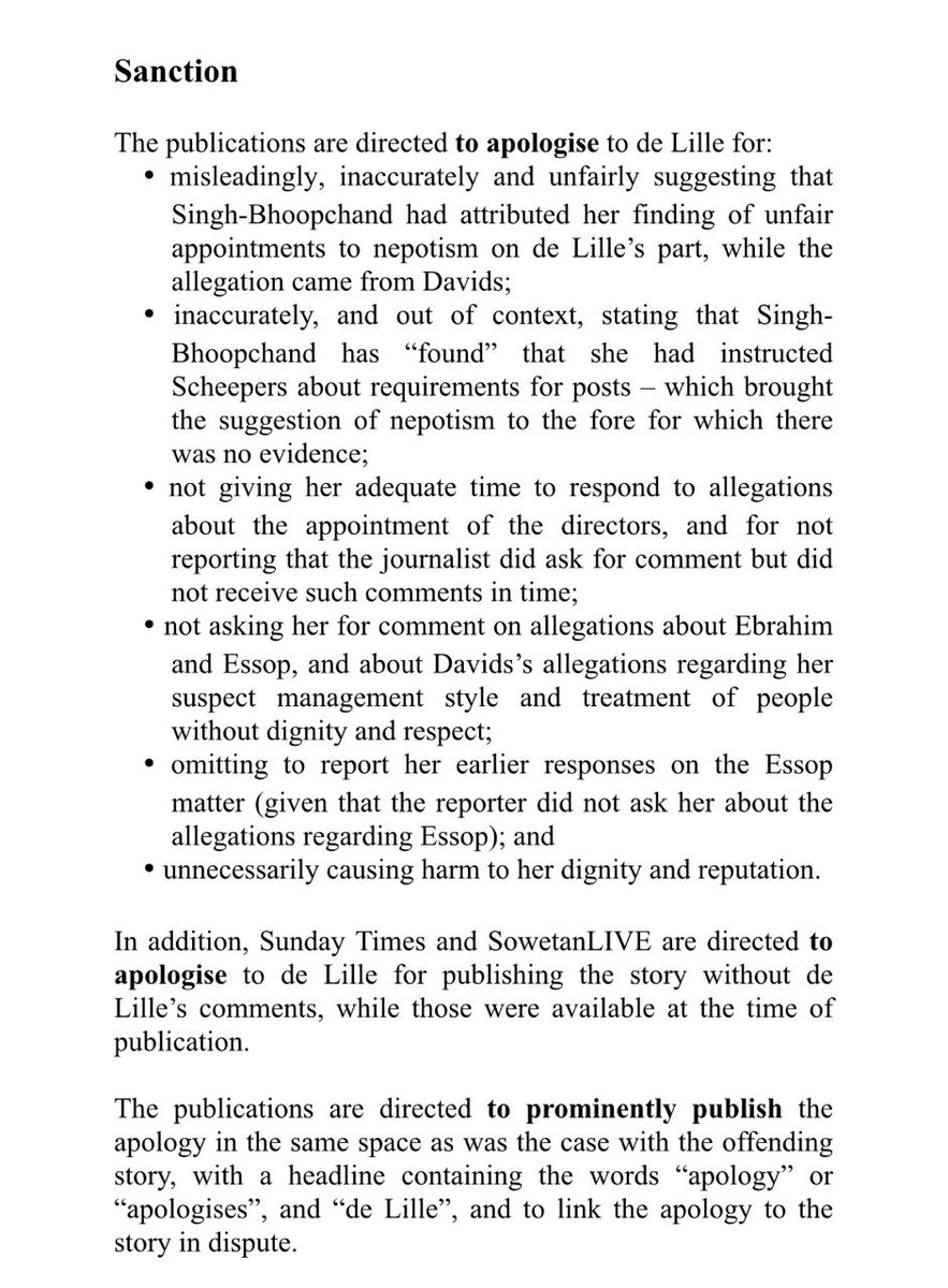 PatriciaDeLille's tweet photo. The @PressCouncil_SA Ombudsman found @TimeslIve, @SowetanLIVE and @SundayTimesZA guilty of serious breaches of the #PressCode based on a story written by journalist @aron_hyman. The publications were directed to apologise to me https://t.co/gux3L5cEPf