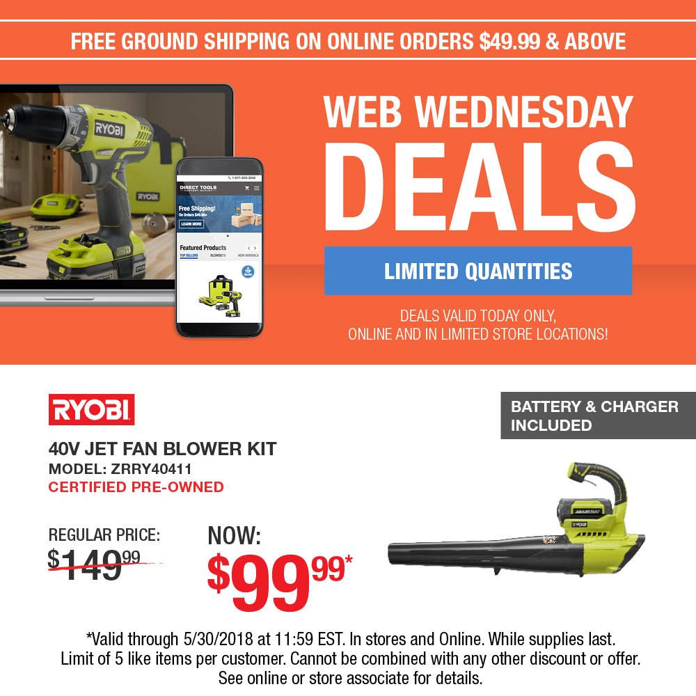#WebWednesday offers are now live!  Check them out online or in limited store locations.  Shop now:  directtoolsoutlet.com/specials/web-w…  Valid 5/30 only!