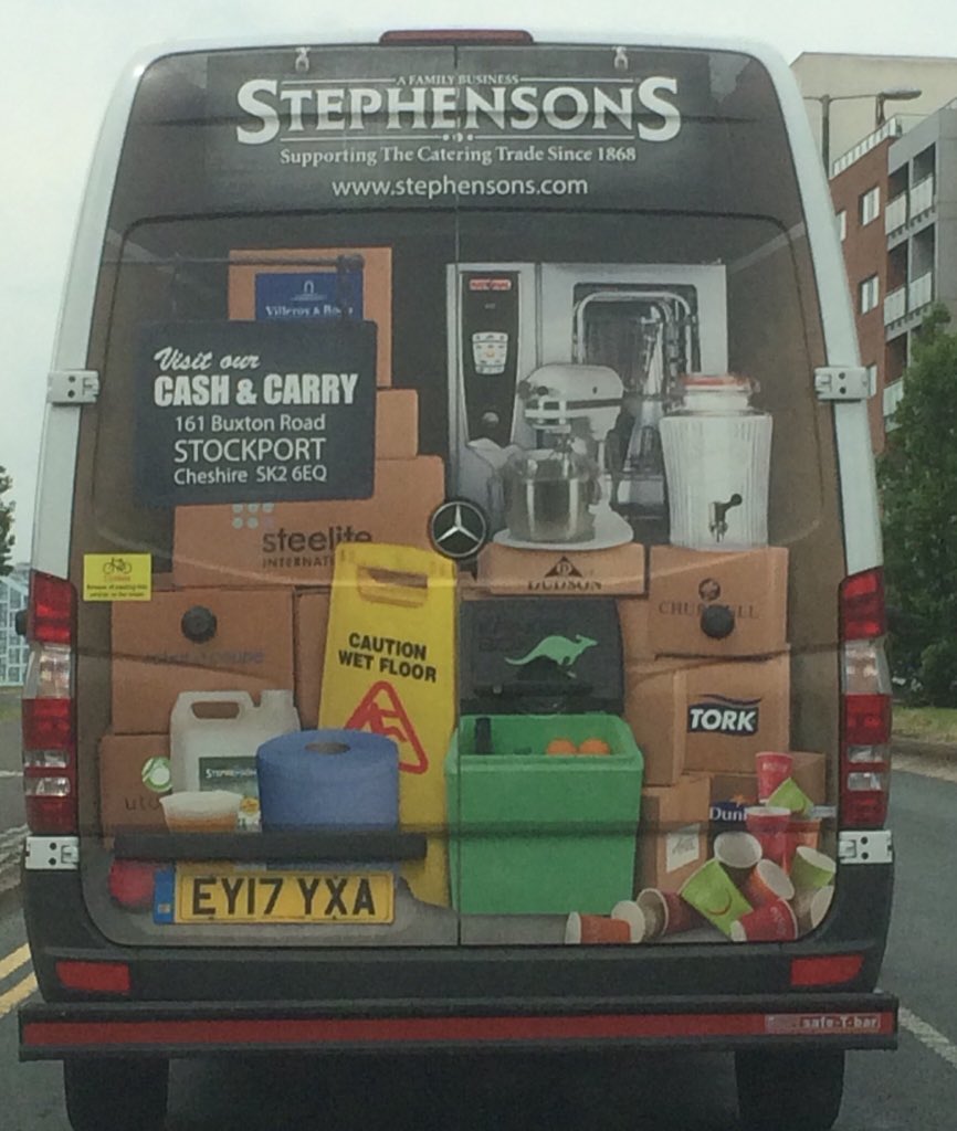 Knottyg's tweet photo. I have to say whoever designed the @HGStephensons back panel on the van is a genius the best out there was a trip down memory lane this morning well done @KatieDudson @churchill1795 @UtopiaTableware @RATIONAL_AG @SteeliteUK https://t.co/Dpf2gL4UJX