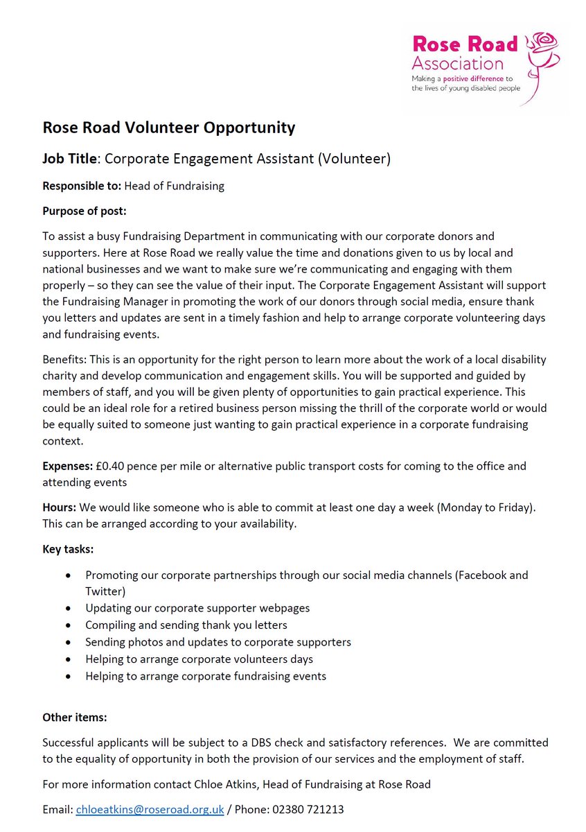 Rose_Road's tweet photo. We're looking for a volunteer to help us keep our wonderful corporate supporters updated about how their support is helping. We're looking for someone with a creative flair that enjoys communicating with people at all levels. If this could be you please contact us https://t.co/fa7Gdbyutv