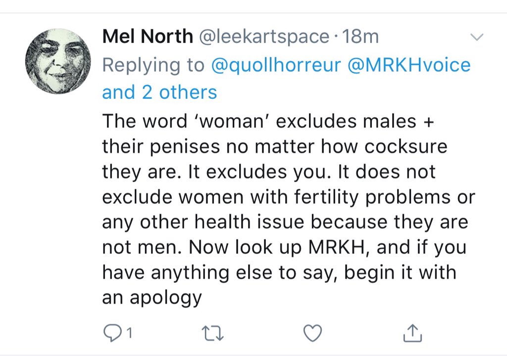 Oh, I still have some other caps of people that have called me a dude for disagreeing with them bigotry. Apparently these are some of the indicators of “the transes” through  #TERFgoggles:- short hair- red lipstick- head tilt in profile pic