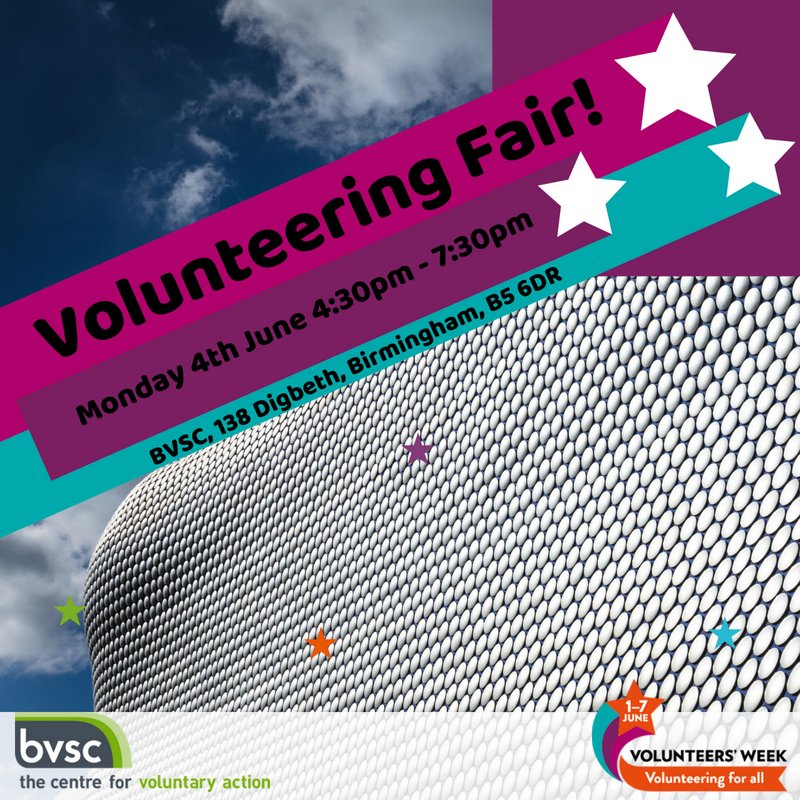 Interesting in Volunteering? Then come along to @BVSC Volunteering fair on Monday 4th June! There will be a whole host of organisations and volunteering opportunities to learn about 👍🏻 We'll see you there!   #BrumVolunteers #volunteer #opportunities #retweet