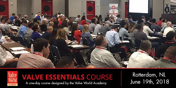 ValveWorld's tweet photo. Register for the Valve Essentials course in Rotterdam, The Netherlands - June 19th 2018, https://t.co/mOEMjyelZR

Valve World proudly presents the Valve Essentials Course, ideal for valve newcomers who need a fast-track, authoritative understanding of valves and their usage. https://t.co/F6f5Wd3VvP