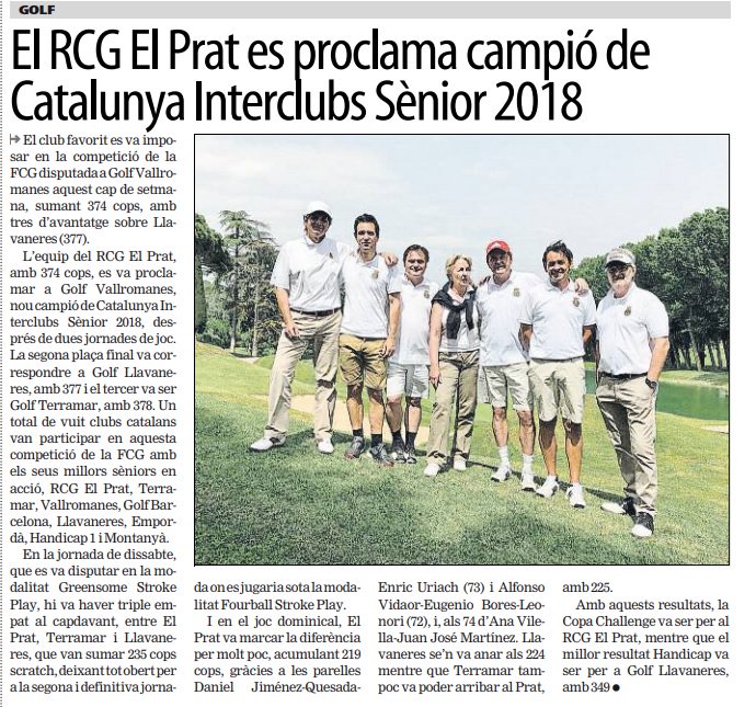 Federació Catalana de Golf (@fcatgolf) on Twitter photo Avui a <a href="/mundodeportivo/">Mundo Deportivo</a> el Campionat de Catalunya Interclubs Sènior 2018 celebrat a <a href="/GolfVallromanes/">CG Vallromanes</a> amb l'equip de <a href="/ElPrat_Golf/">El Prat Golf</a> com a campió! Gràcies <a href="/UFECcat/">Unió de Federacions Esportives de Catalunya</a> #golf #golfcatala Avui a <a href="/mundodeportivo/">Mundo Deportivo</a> el Campionat de Catalunya Interclubs Sènior 2018 celebrat a <a href="/GolfVallromanes/">CG Vallromanes</a> amb l'equip de <a href="/ElPrat_Golf/">El Prat Golf</a> com a campió! Gràcies <a href="/UFECcat/">Unió de Federacions Esportives de Catalunya</a> #golf #golfcatala