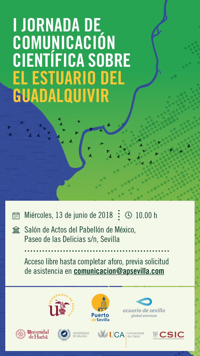 🔊 Abierto plazo de inscripción para la I Jornada de Comunicación Científica sobre el Estuario del #Guadalquivir, miércoles 13 de junio. Participan 👉 <a href="/Puerto_Sevilla/">Juan Camilo Puerto Sevilla</a> <a href="/unisevilla/">Universidad de Sevilla</a> <a href="/AcuarioSevilla/">Acuario de Sevilla</a> <a href="/univcadiz/">Universidad de Cádiz</a> <a href="/InfoUMA/">Universidad de Málaga</a> <a href="/UniHuelva/">Universidad de Huelva</a> @CSICAndalucia Temas 👉 bit.ly/2LizEGi