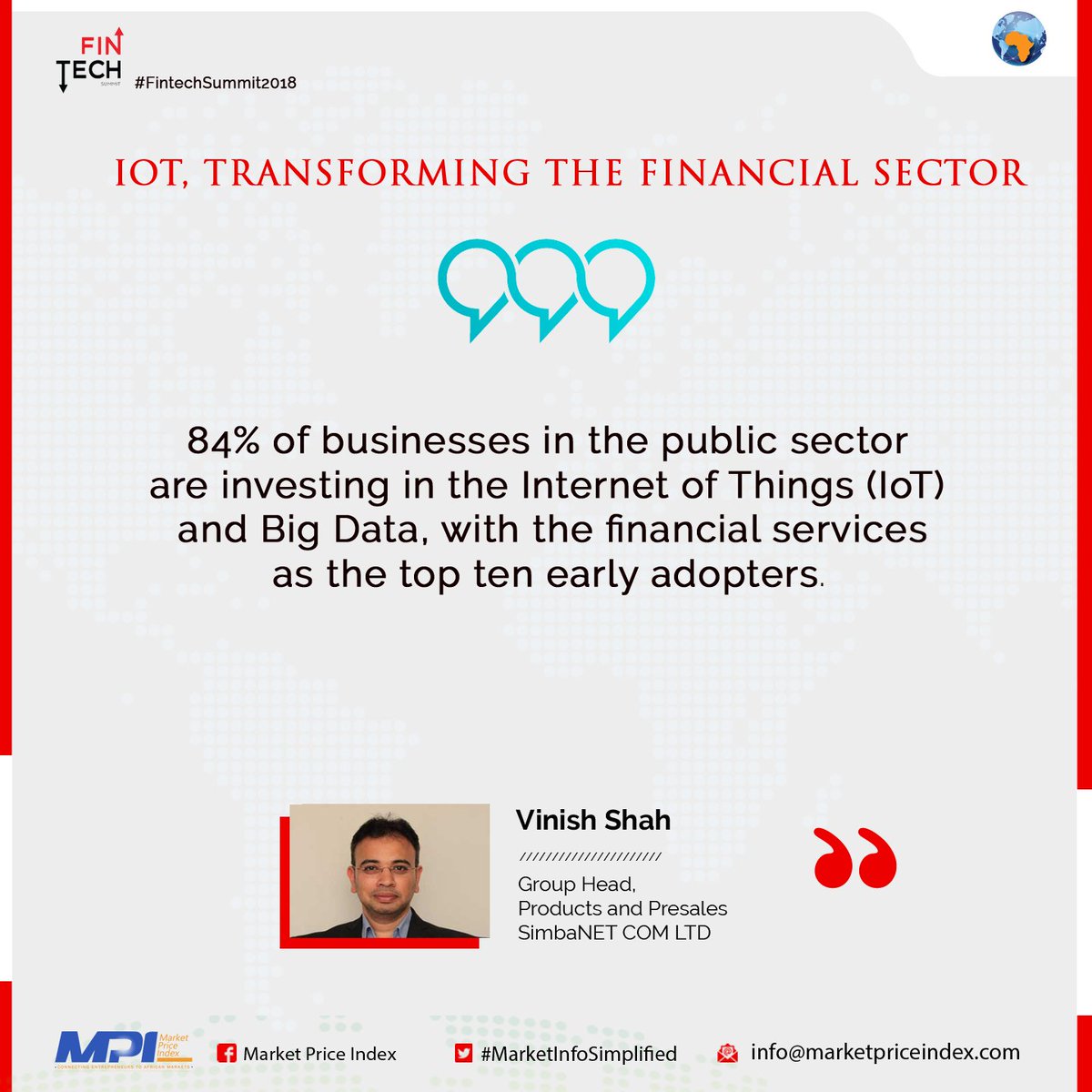 Vikmedia_'s tweet photo. 84% of businesses in the public sector are investing in the Internet of Things (IoT) and Big Data, with the financial services as the top ten early adopters. @SimbanetCOM @CIOEastAfrica cc @laurachite @karanja_andrew @chezkui #FintechSummit2018 #SimbaNetAtFintech2018 https://t.co/TrpUpO1Xiv