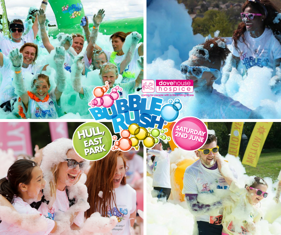 bubblerush5k's tweet photo. It's already Wednesday! The weekend is in sight😎 This is your last chance to grab tickets for our Hull Bubble Rush on Saturday 2nd June in aid of @Dove_House! Online registration closes at 10pm tomorrow- so book now to avoid disappointment! https://t.co/D8mHSFOBZ5 💓💙💚💛 https://t.co/8INeze7rRC
