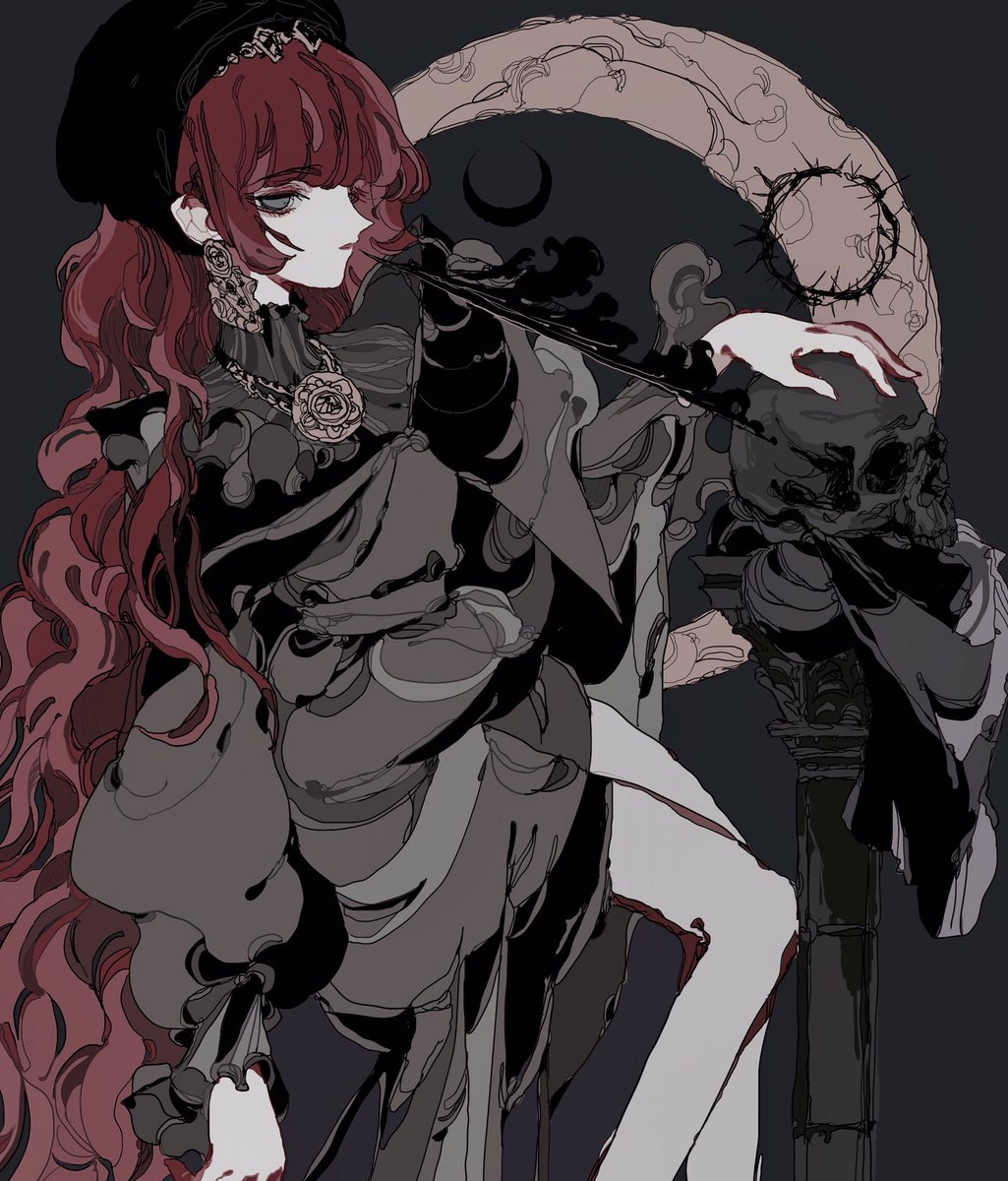 1girl long hair solo red hair skull jewelry crescent moon  illustration images