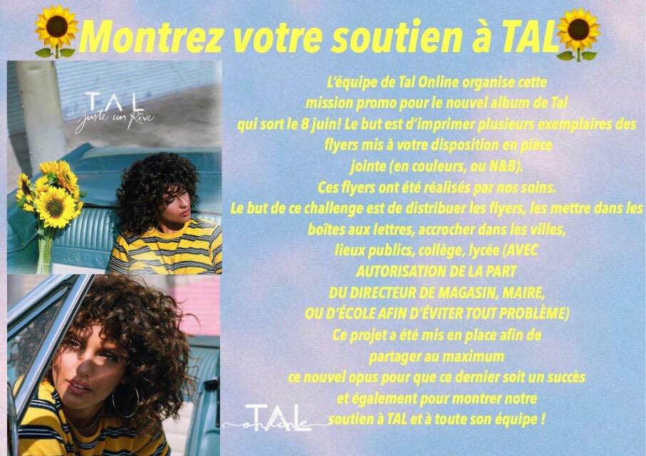 TaloulaOnline's tweet photo. Montrons notre soutien à @TalOfficial et à toute l’équipe pour ce nouvel album! 💿
On compte sur vous pour jouer le jeu et nous tweeter vos vidéos quand vous distribuer, placarder.. les flyers! 🌻

📮Flyers en couleurs https://t.co/LzQD0izWI1

📄Flyers N&amp;B https://t.co/DIEqia3tIG https://t.co/QPBfOTsDX0