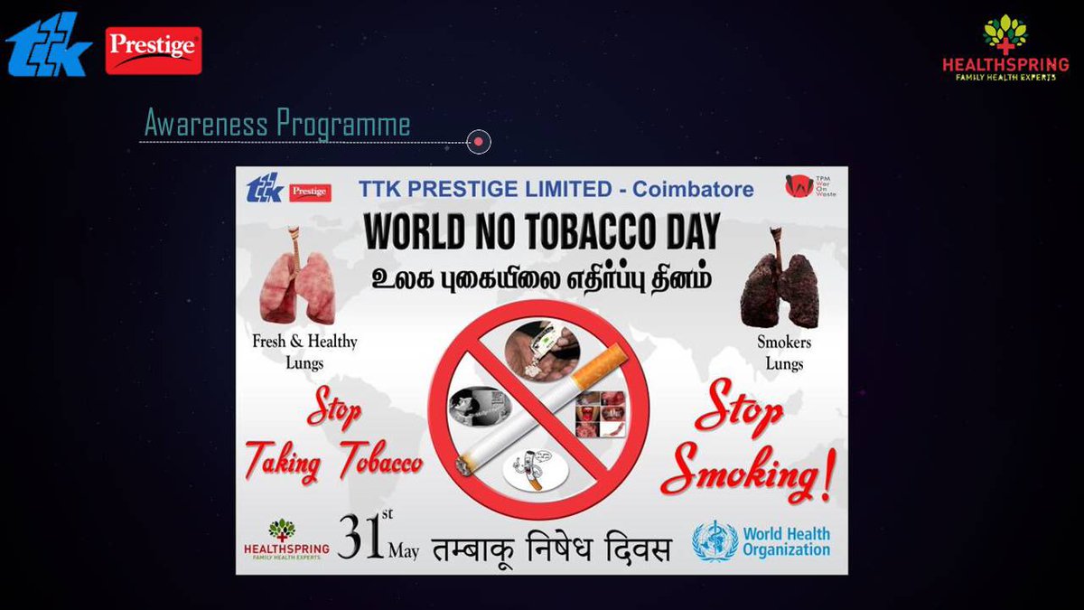 Mathiamma25's tweet photo. #ttkprestige
#NoTobaccoday
#who
#worldhealthorganisation 
#NoTobacco 
#quitsmoking
#WorldNoTobaccoDay 
#smokelesstobacco 
#ncds
#beatNCDs 
#tobacco
#nonsmoker
#smokebreak
#Health 
#Coimbatore 
#healthspring 
#ttkprestigecbe
#ttkprestigecoimbatore https://t.co/AvH5pLt30C