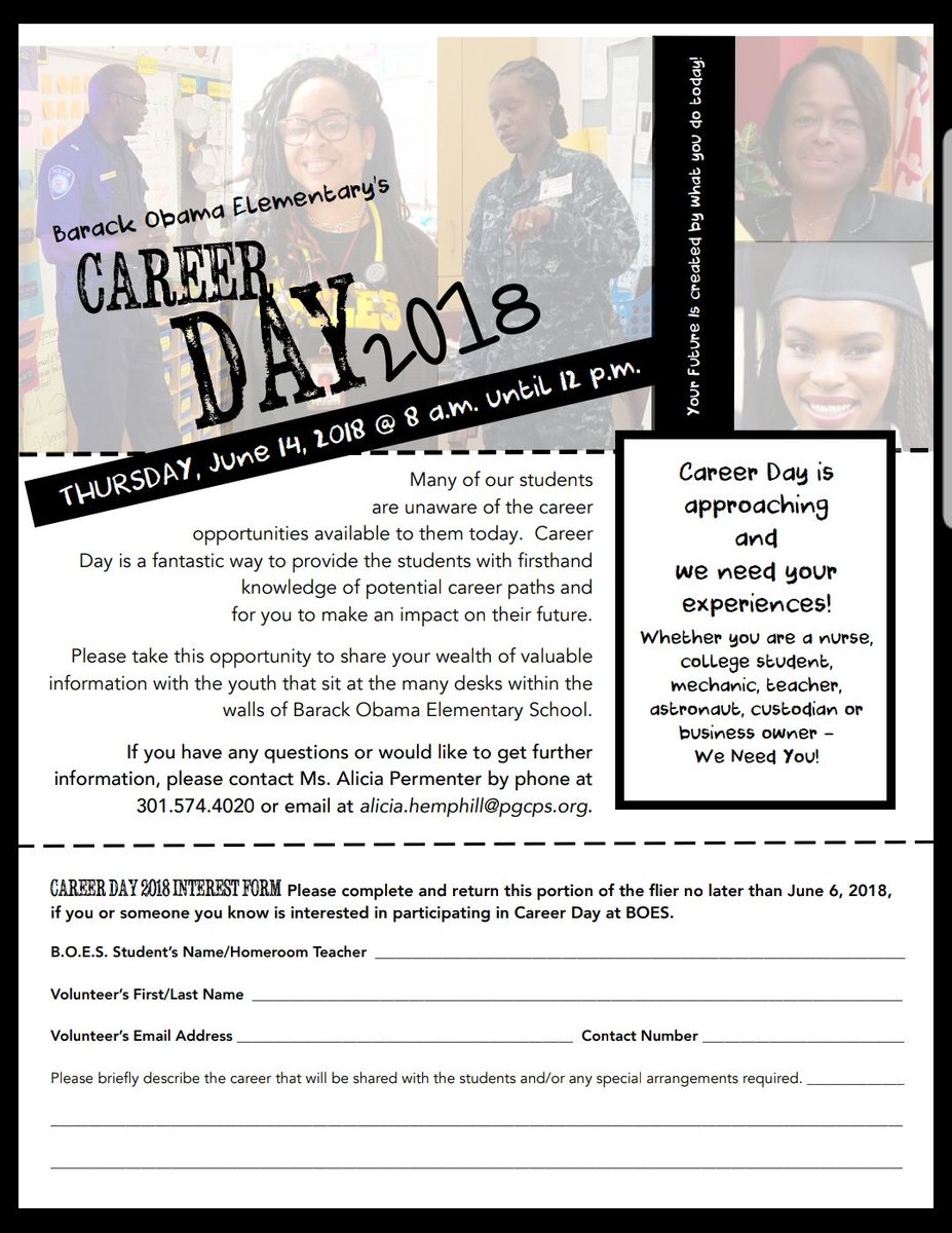 lyfetymeteacher's tweet photo. CAREER DAY. Barack Obama Elem. June 14th. Share the knowledge of your career with OUR FUTURE! Interested? Contact Alicia Permenter at alicia.hemphill@pgcps.org. Let's end the year with career goals in mind! @mashworth928 @HolidaySusan @1Shelitac @boespta @drhelencoley @pgcps https://t.co/LNEvI5Lkj3