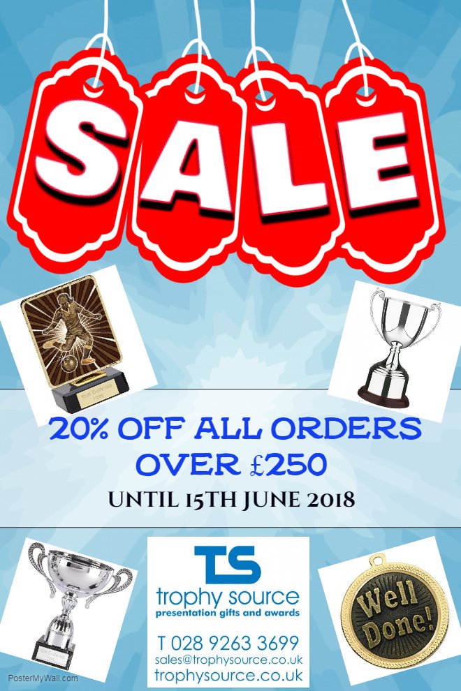 TrophySourceNI's tweet photo. To celebrate our upcoming birthday we are offering 20% off all orders over £250 until 15th June 2018!!! 😃🏆🥇  #supportlocal #FIFA18WorldCup @lisburnccc @UlsterUniSport  @SportNINet @BelTel_Sport #lisburn #NorthernIreland https://t.co/DqJqb16Qyu