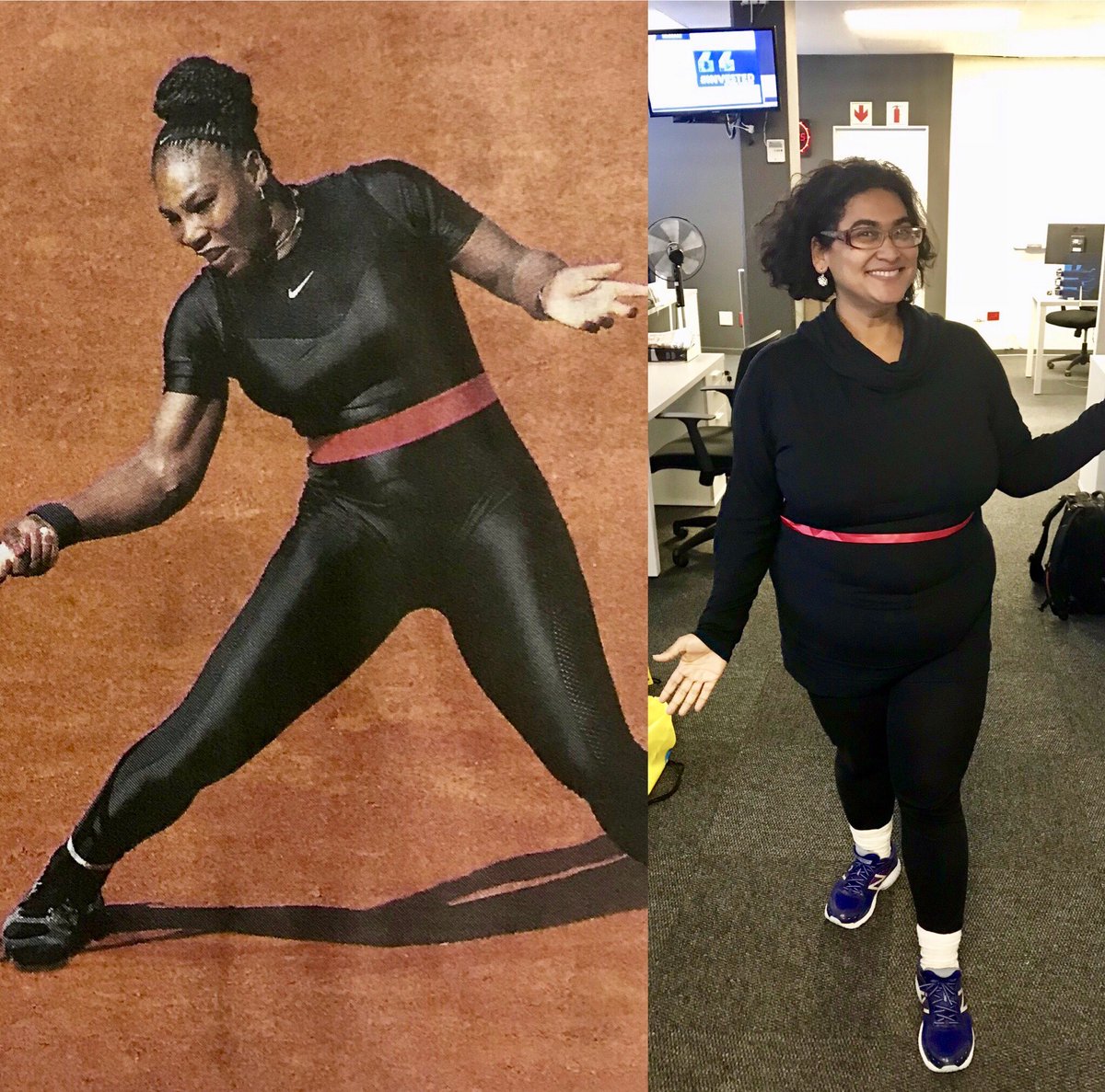 ReinardLudick's tweet photo. @Merentia channeling @serenawilliams today at work @Smile904FM #BlackPanther #Wakanda #catsuit #tennis @frenchopen4you 🎾🎾 https://t.co/HX5fR9vRfA