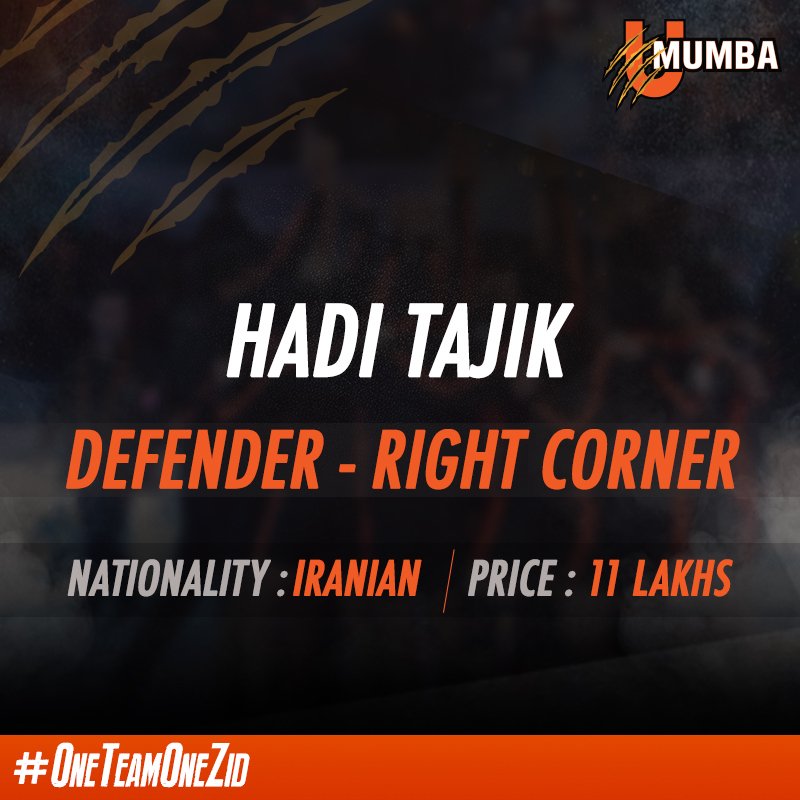 umumba's tweet photo. Another overseas player added to our squad! Welcome back, Hadi Tajik! @prokabaddi #VivoProKabaddiAuction #OneTeamOneZid https://t.co/9RJE7RK5Ta