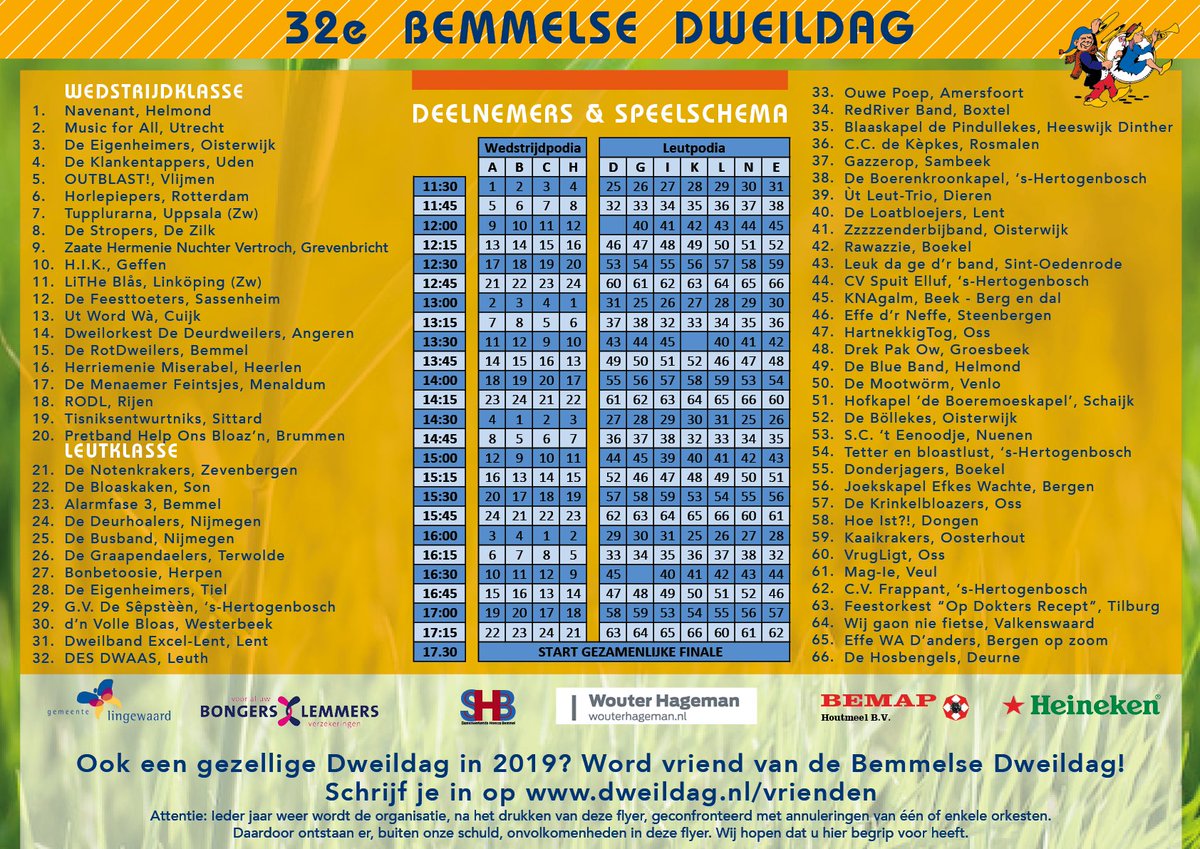 dweildagbemmel's tweet photo. Bekijk hier het speelschema van de 32e Bemmelse Dweildag! #bemmel #10juni #lingewaard #dweilorkest #dweildag #feest #muziek #festival #evenement https://t.co/50BwdSItyq