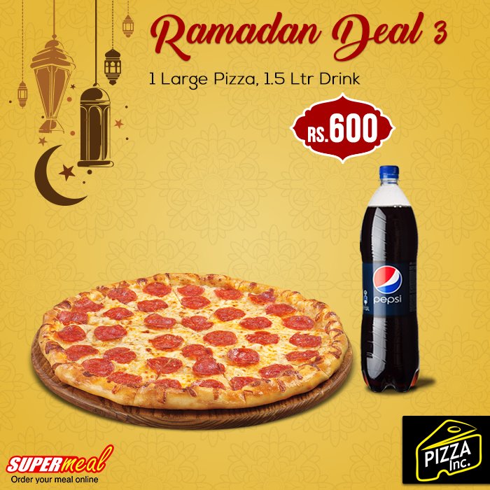 Order 1 Large Pizza, 1.5Ltr Drink. just for Rs. 600 from #PizzaInc

Order Now: goo.gl/28jHkD or Call 021 111 775 775

For instant help contact our support team via Live Chat:goo.gl/9qzYCj

#SupermealPK #Ramadan #Karachi #Deals #Discounts
