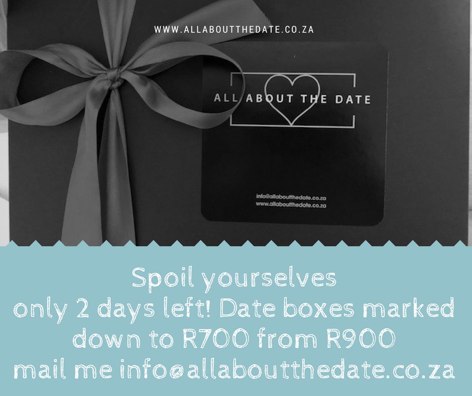 Allaboutthedate's tweet image. Don't Miss out! Only 2 days left!

 Mail me Info@allaboutthedate.co.za 

bit.ly/2KUwubR

#datebox #dating #datenight #datenightideas #dateideas #relationshipgoals #couplesgoals
