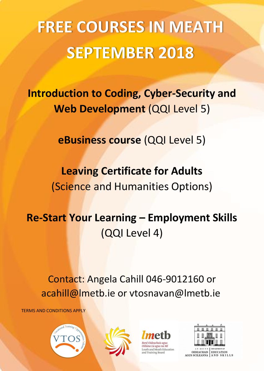 vtosnavan's tweet photo. FREE Courses In Meath September 2018.  #QQI #LMETB #LeavingCert @LouthMeathETB @MeathGuidence https://t.co/sqypsICtQ0