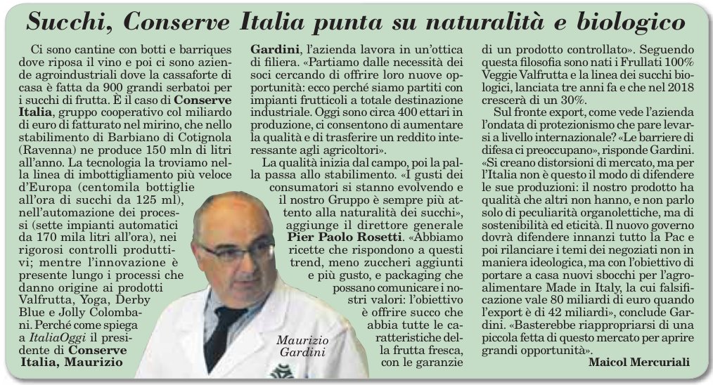 Succhi di frutta e nettari sempre più naturali e biologici nel futuro di Conserve Italia. Su <a href="/ItaliaOggi/">ItaliaOggi</a> l'articolo di <a href="/mercurialim/">Maicol Mercuriali</a> dopo l'open day dello stabilimento di Barbiano.