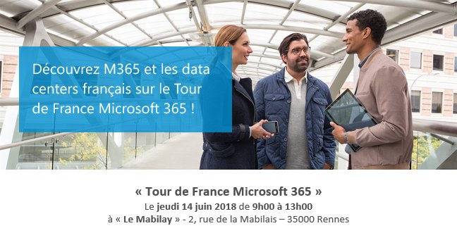 metsysgroup's tweet photo. [ÉVÉNEMENT] - Metsys présente M365 et les data centers français sur le tour de France Microsoft ! Rendez-vous le 14 juin 2018 de 9h00 à 13h00 au Mabilay à Rennes. Pour vous inscrire : https://t.co/wGCIA2hS98 ou en envoyant un mail : evenement@metsys.fr https://t.co/rzHc7p3W1T