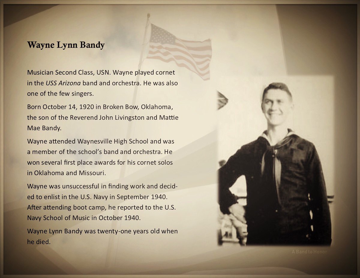 Wayne Bandy, Musician Second Class USN. Member of the USS Arizona Band and our documentary “A Band to Honor”. #support by going to >>>>igg.me/at/abandtohono…   #documentaryfilm #contribute#ussarizona#navy#navymusic#navy#americanveterans